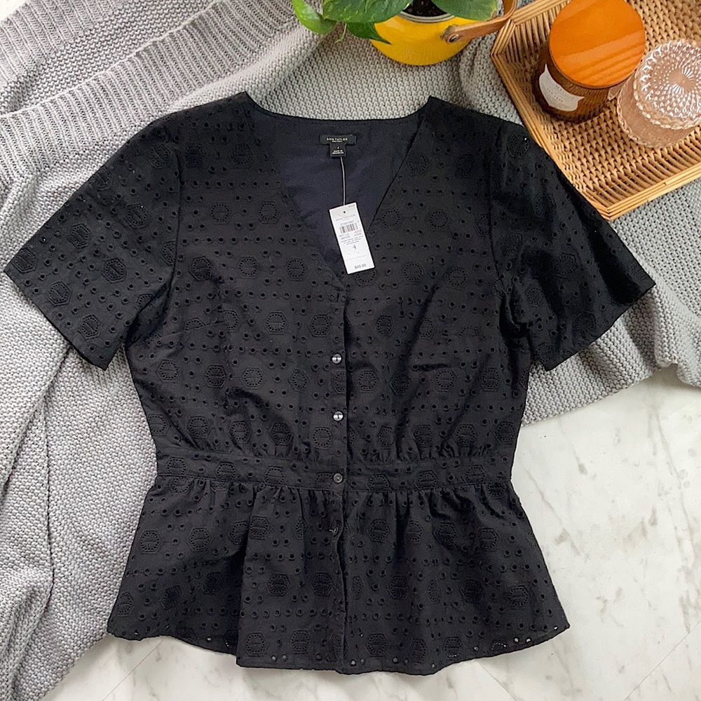 Ann Taylor black eyelet peplum top
